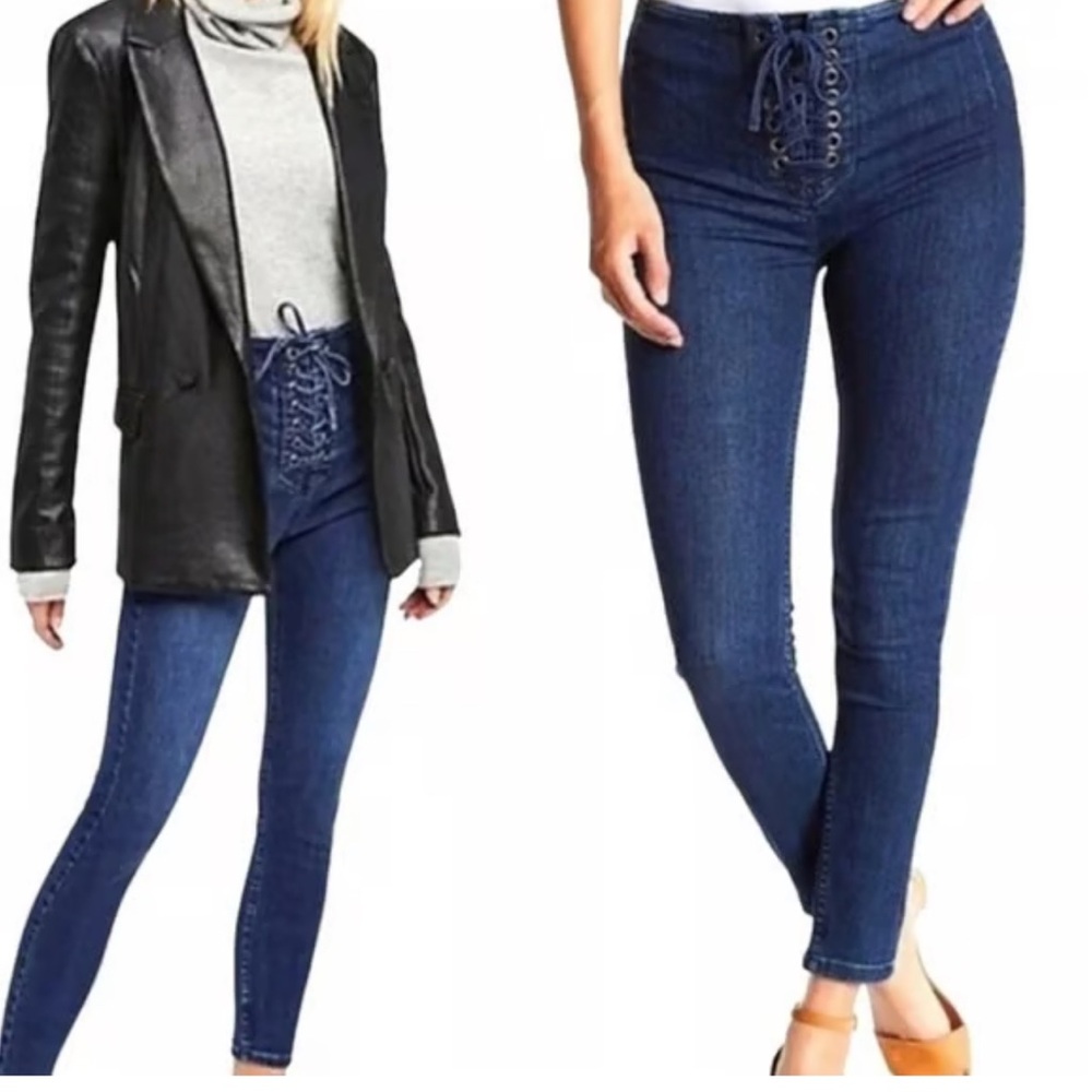 Free People Lace Tie Up Jeans 28 Blue Jegging High Waisted Super Skinny Pants